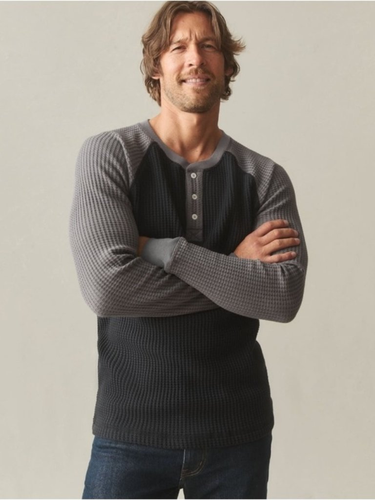 American Giant Black And Gray Waffle Henley Long-Sleeve Shirt